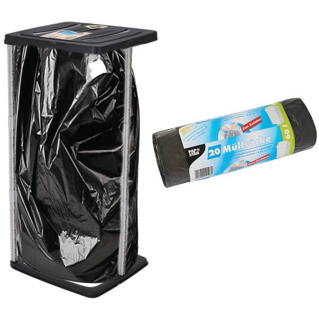Staande vuilniszakhouder prullenbak zwart 60L incl. 20x vuilniszakken - Prullenbakken