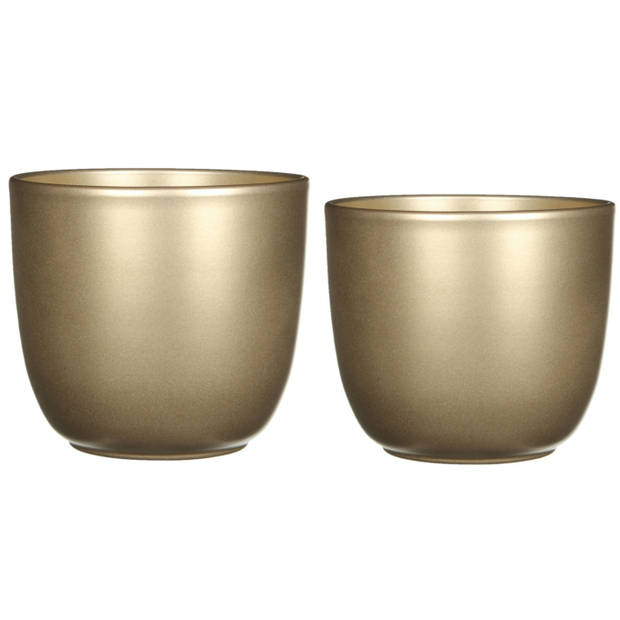 Plantenpot/bloempotten set - 2x stuks - keramiek - goud - D14.5 en D17 cm - Plantenpotten