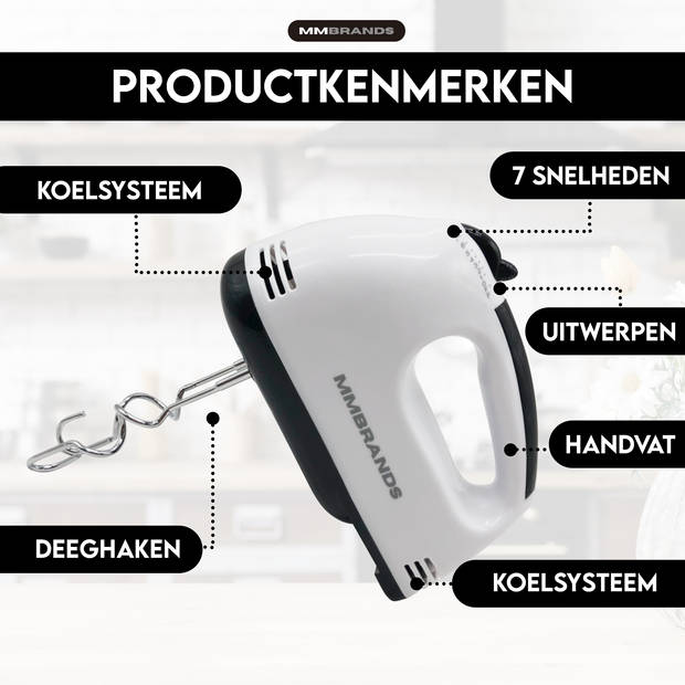 MM Brands Handmixer - Keukenmachine - Keukenmixer - Mixer - Incl. Klopgarden & Kneedhaken - 300W