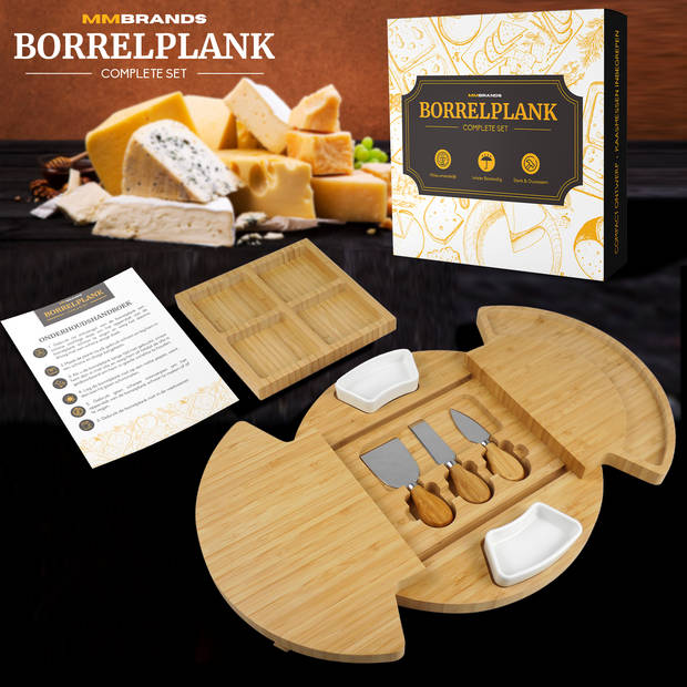 MM Brands Borrelplank - Tapasplank met Kaasmesjes - Serveerplank - Bamboe - 32,7 x 32,7 cm