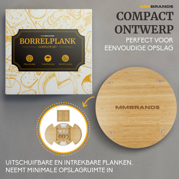 MM Brands Borrelplank - Tapasplank met Kaasmesjes - Serveerplank - Bamboe - 32,7 x 32,7 cm