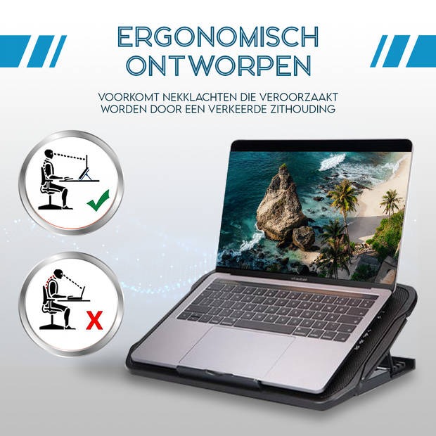 MM Brands Laptop Cooler en Verhoger - Standaard Met Cooling Pad - 6 Ventilatoren