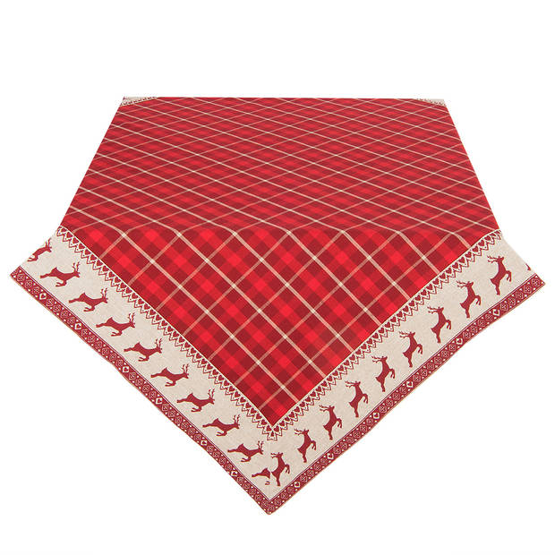 Clayre & Eef Tafelkleed Kerst 130x180 cm Rood Beige Katoen Herten en Kerst Tafellaken Rood Tafellaken