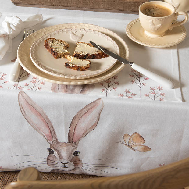 HAES DECO - Vierkant Tafellaken - 100x100 cm - 100% Katoen - Rustic Easter Bunny