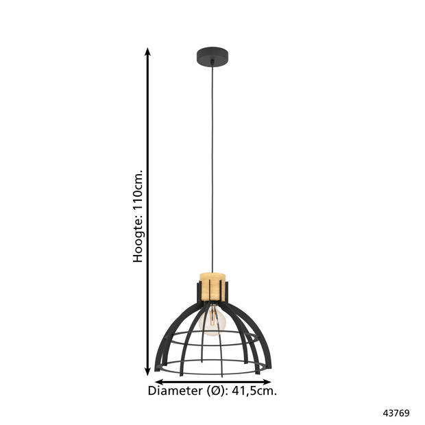 EGLO Stillington Hanglamp - E27 - Ø 41,5 cm - Zwart/Bruin - Staal/Hout