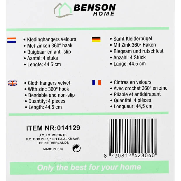 Benson Kledinghangers - 12x - kunststof - draaihaak - buigbaar - 44 cm - Kledinghangers