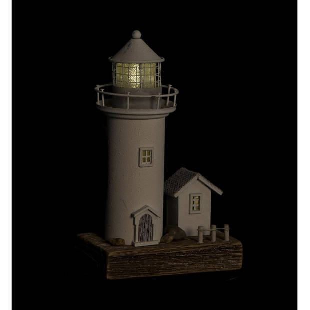 Items Decoratie Maritiem beeldje Vuurtoren met LED lampje - Hout - 13 x 30 cm - wit - Beeldjes