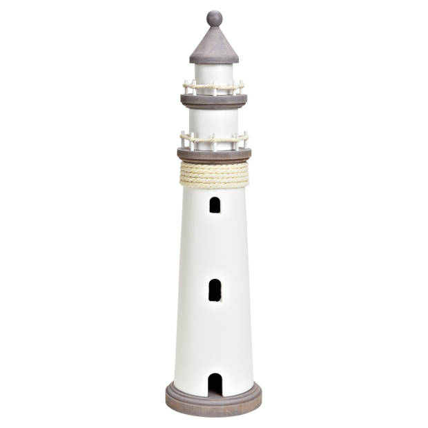 Vuurtoren beeldje - Hout - 12 x 48 cm - wit/grijs - Maritieme decoraties binnen - Beeldjes