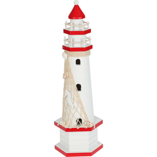 H&S Collection Maritieme decoratie beeldje Vuurtoren - Hout - 10 x 36 cm - rood/wit - Beeldjes