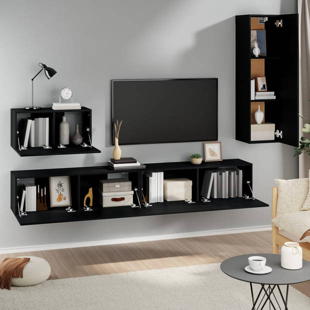 The Living Store tv-meubel set - zwart - 2x 100x30x30 cm + 1x 60x30x30 cm + 1x 30.5x30x110 cm