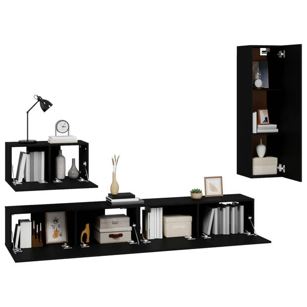 The Living Store tv-meubel set - zwart - 2x 100x30x30 cm + 1x 60x30x30 cm + 1x 30.5x30x110 cm