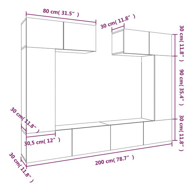 The Living Store TV-meubelset - Klassiek design - Wandgemonteerd - Zwart - 80x30x30 cm - 30.5x30x90 cm - 100x30x30 cm