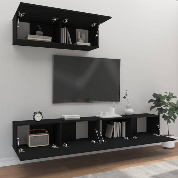 The Living Store Tv-meubelset - hout - 100 x 30 x 30 cm - zwart - 3 stuks