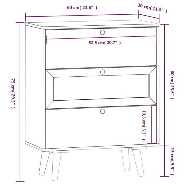 The Living Store Dressoir Classic - bijzetkast - 60 x 30 x 75 cm - bewerkt hout - meubel met 3 lades