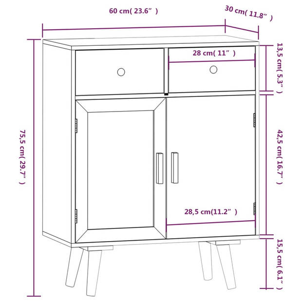 The Living Store Dressoir - Classic - Bijzetkast - 60x30x75.5 cm - Lichthout - rood en oranje - Bewerkt hout en