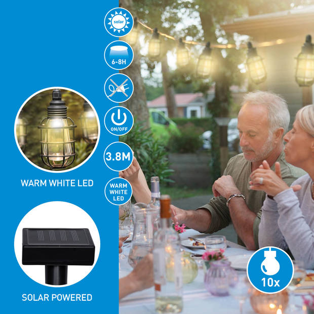Grundig Lichtsnoer op Zonneenergie - Tuinverlichting 10 LED Lantaarns - Batterijduur 8-6 Uur - Zwart