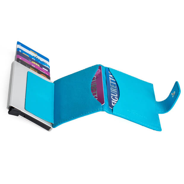 Figuretta Leren Cardprotector RFID Compact Creditcardhouder - Dames en Heren - Metallic Blauw