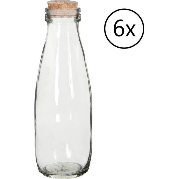 6x Melkfles Glas - Glazen Fles met Kurk - Ø7 x H21 cm - 500ml