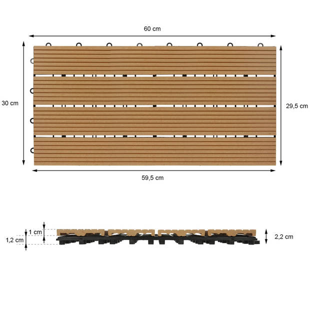 ECD Germany WPC-terras tegels 60x30 cm 12er Spar Set für 2m² teak in hout look voor tuinbalkonvloeren met afvoer