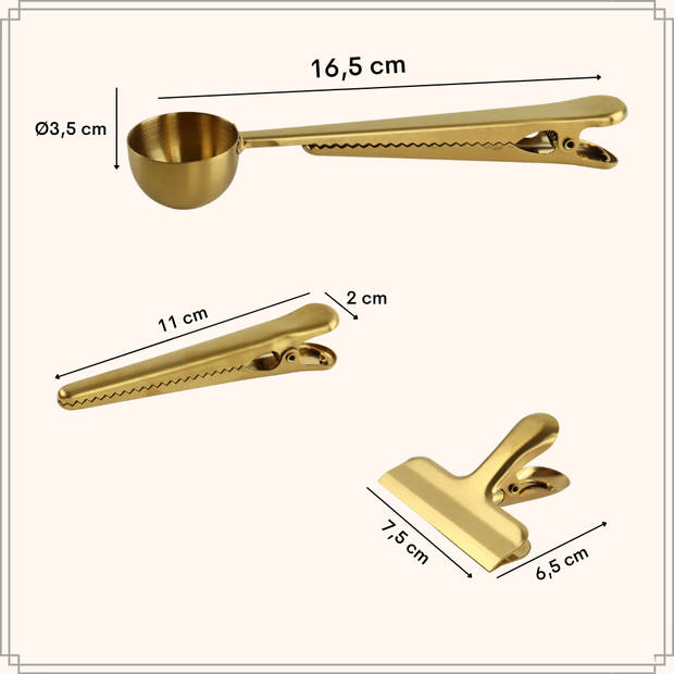 OTIX Koffieclip - Vershoudclips - Koffieschepje - Koffie Maatschepje - Set van 3 - Goud - RVS