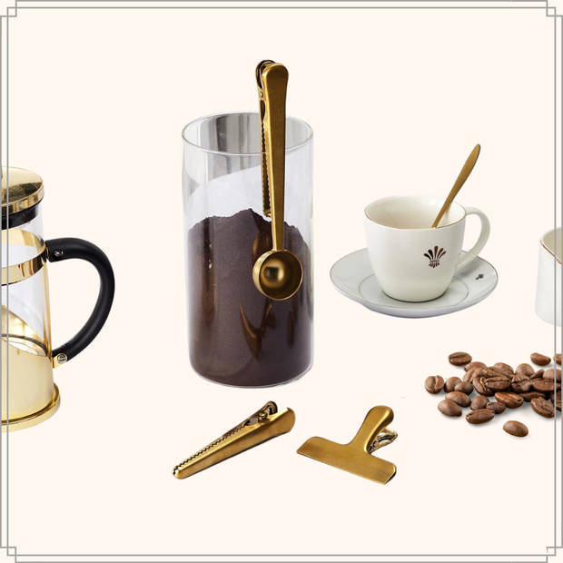 OTIX Koffieclip - Vershoudclips - Koffieschepje - Koffie Maatschepje - Set van 3 - Goud - RVS