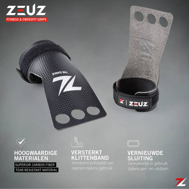 ZEUZ® Fitness & Crossfit Grips – Sport Handschoenen – Turnen – Gymnastics – Zwart – Carbon - Maat XL