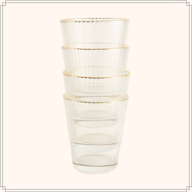 OTIX Waterglazen Set van 6 Stapelbaar 350 ml Met gouden rand Reliëf Ribbel Transparant Glas