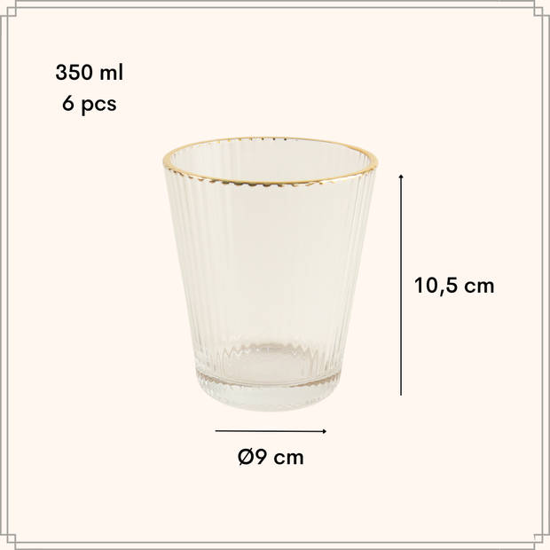 OTIX Waterglazen Set van 6 Stapelbaar 350 ml Met gouden rand Reliëf Ribbel Transparant Glas