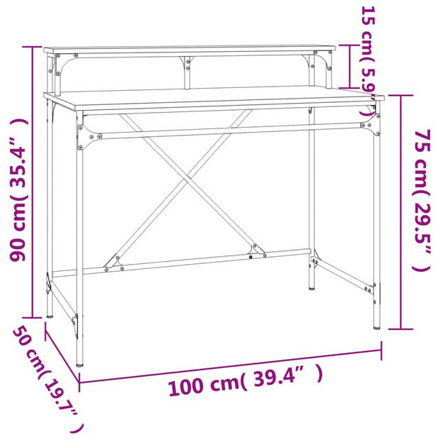 The Living Store Bureau Industrieel - 100 x 50 x 90 cm - Bruineiken - Bewerkt hout en ijzer