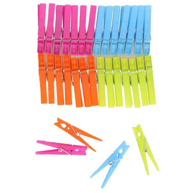 Wasknijperzakje / tasje met afsluitkoord en 32 kunststof wasknijper in verschillende kleuren - knijperszakken