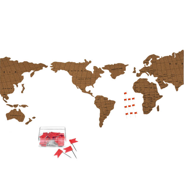 Prikbord wereldkaart met 30x punaise vlaggetjes - 100 x 45 cm - kurk - Prikborden