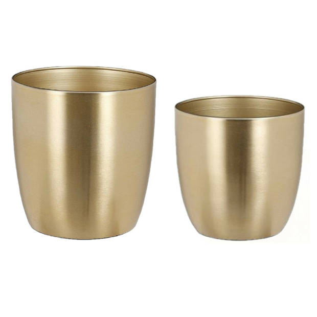 Plantenpot/Bloempotten set - 2x stuks - metaal - goud - D13 en D16 cm - Plantenpotten