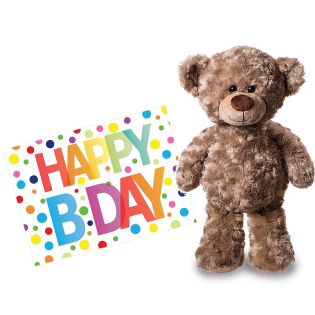 Pluche knuffel knuffelbeer 24 cm met A5-size Happy Birthday wenskaart - Knuffelberen