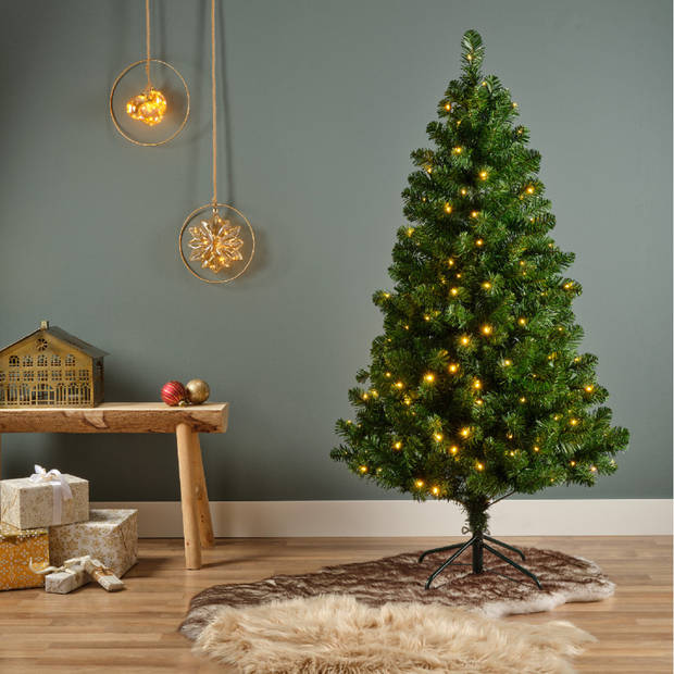 Groene kunst kerstboom 150 cm inclusief helder witte kerstverlichting - Kunstkerstboom
