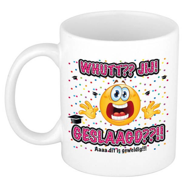 Bellatio Decorations Geslaagd cadeau mok / beker met knuffelbeer - Whutt jij geslaagd - Ca. 300ml - feest mokken