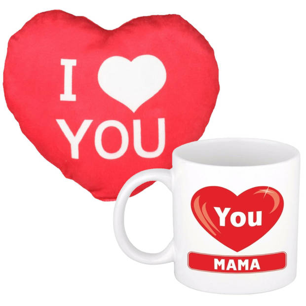 I love you Mama mok/beker 300 ml incl. sierkussentje hart vorm 12 cm - feest mokken