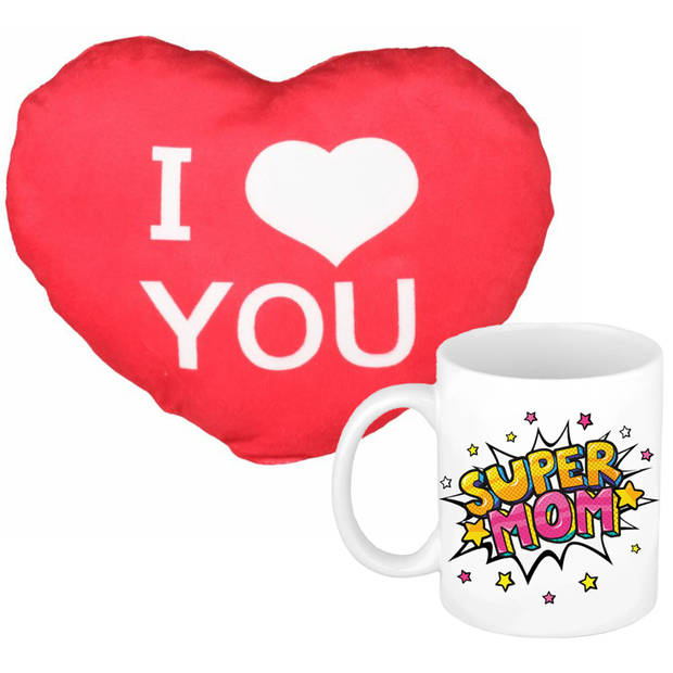 Super mom mok/beker 300 ml wit incl. sierkussentje hart vorm 12 cm - feest mokken