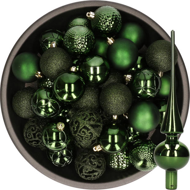 37x stuks kunststof kerstballen 6 cm incl. glazen piek glans donkergroen - Kerstbal