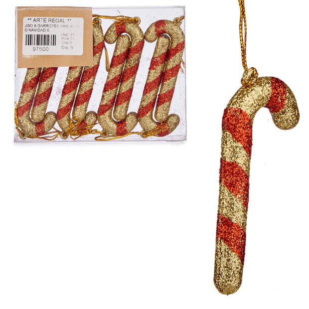16x stuks kunststof kersthangers zuurstokken rood/goud 11 cm kerstornamenten - Kersthangers