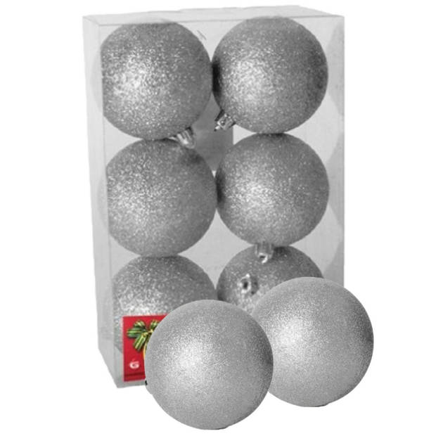 6x stuks kerstballen zilver glitters kunststof 4 cm - Kerstbal