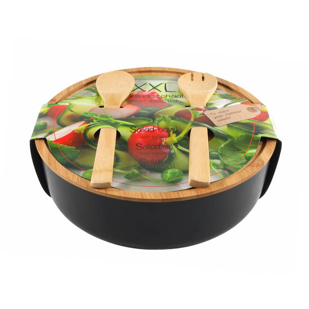 Secret de Gourmet - Saladeschaal/kom - Met couvert - Bamboe - Zwart - D30 cm - Saladeschalen