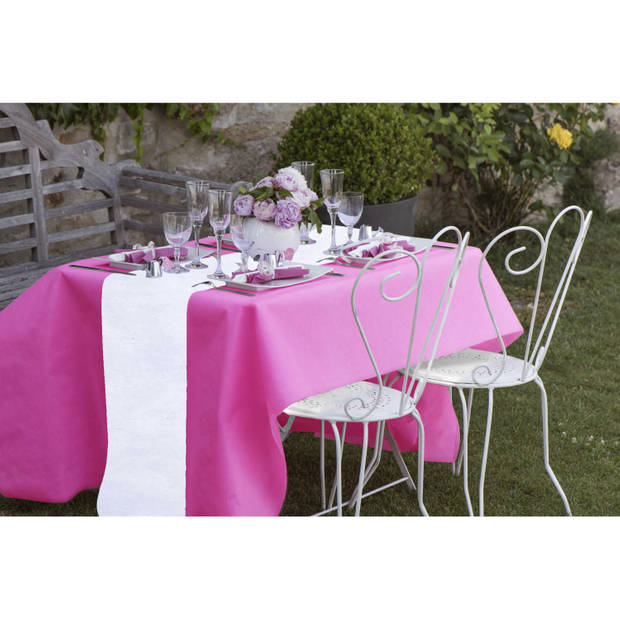 Feest tafelkleed met loper op rol - fuchsia roze/wit - 10 meter - Feesttafelkleden