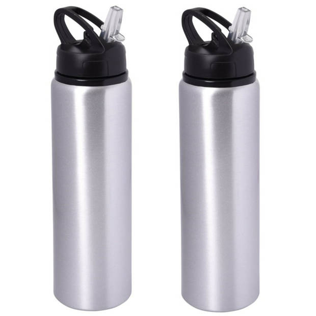 Waterfles/sportfles/drinkfles Sporty - 2x - zilver - aluminium/kunststof - 800 ml - Drinkflessen