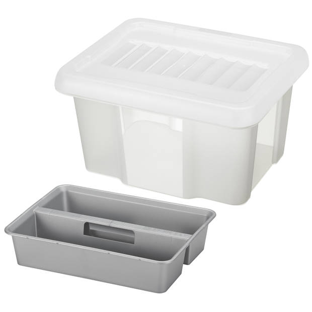 Sunware opslagbox kunststof 24 liter transparant 42 x 33 x 22 cm met deksel en organiser tray - Opbergbox