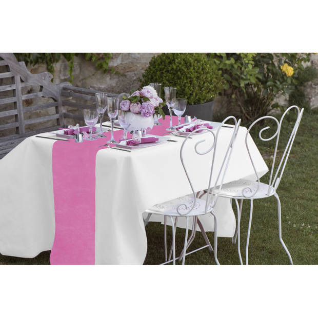 Feest tafelkleed met loper op rol - wit/fuchsia roze - 10 meter - Feesttafelkleden