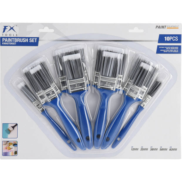 FX Tools Verfkwasten set - 10-delig - plat/rond - 1.3 cm t/m 6.4 cm breed- kunststof - Verfkwasten