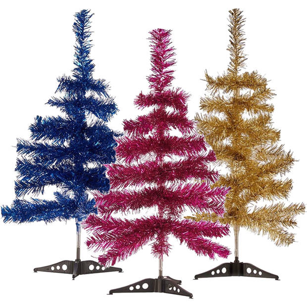 Set van 3x kleine glitter folie kerstbomen 60 cm - Diverse kleuren - Kunstkerstboom