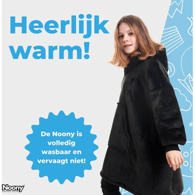 Noony Zwart hoodie deken kinderen - fleece deken met mouwen - ultrazachte binnenkant – one size - kids