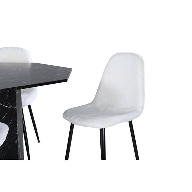 Marbs eethoek eetkamertafel zwart marmer decor en 4 Polar Fluff eetkamerstal Teddy wit.