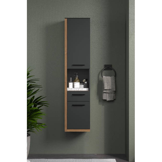 Synnax kolomkast wandmontage, 1 groot deur, 1 klein deur, 1 lade, 1 plank grijs,eik decor.